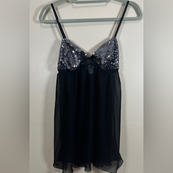 Y2K Vintage Slip Dress Medium Black Sheer Mesh Sequin Babydoll Chemise Lingerie - Picture 1 of 4